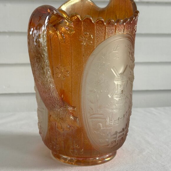 Vintage Marigold Carnival Glass Windmill Scene Pitcher Iridescent Orange - Picture 8 of 10